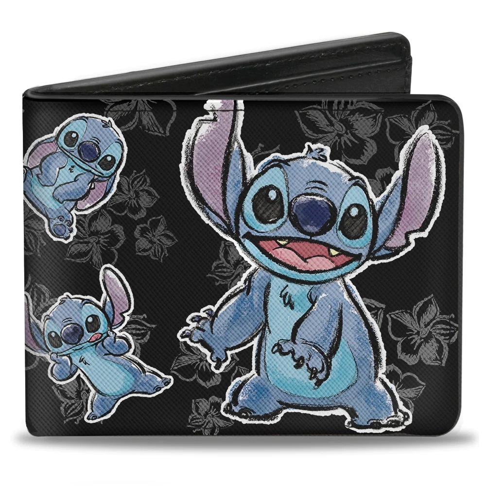 Disney nwt Bi-Fold Wallet - Stitch 3-Poses Hibiscus Sketch Black Grays Lilo